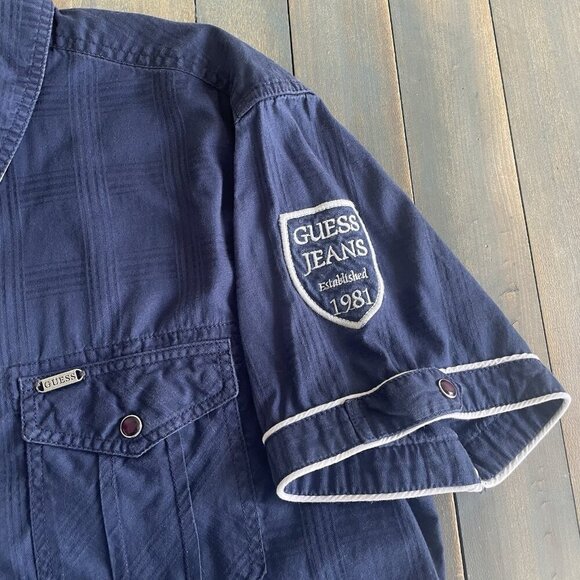 Guess Jeans Blue Short Sleeve Button Camp Western Shirt Slim Fit Mens Large (H6) - Picture 5 of 10
